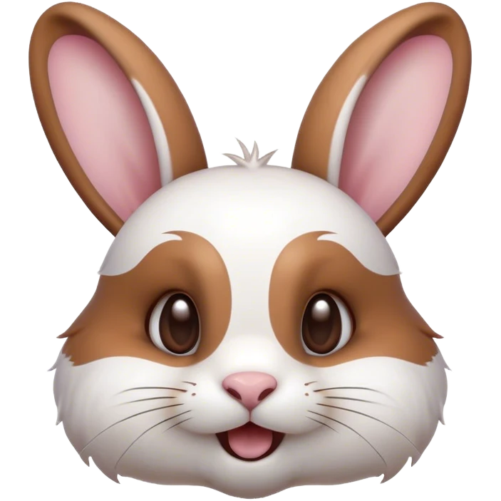 Cinematic Comical White and Brown Rabbit Portrait Emoji, Head tilted dramatically with an exaggeratedly amused expression, featuring a striking fur with a playful mix of white and brown patches, wide, expressive eyes filled with playful disbelief, Simplified yet hilariously expressive features, highly detailed, glowing with a slightly sassy glow, high shine, dramatic yet playful, stylized with an air of cheeky mischief, bright and endearing, soft glowing outline, capturing the essence of a spirited and over-the-top bunny, so meme-worthy it feels like it could side-eye its way into internet fame instantly! emoji