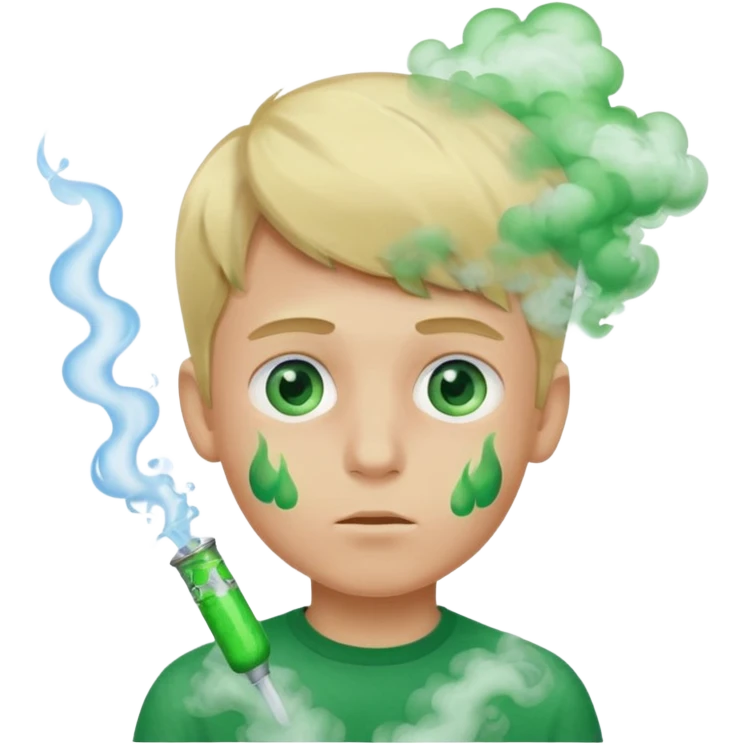 boy with green smoke due to the unpleasant smell on his body, blond and blue eyes. emoji