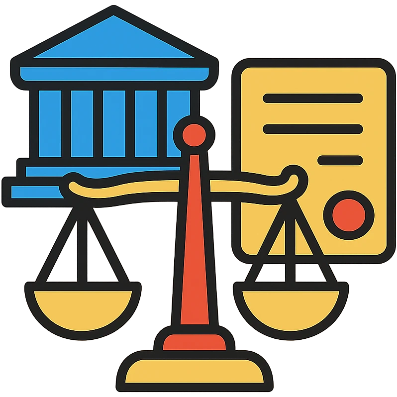 Scale of justice with government building and document - representing Responsabilité Administrative emoji