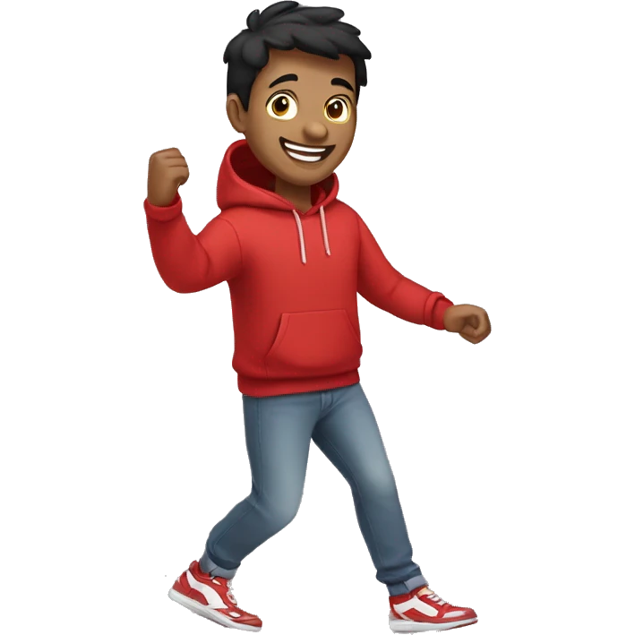 Cartoon of a joyful man with short black hair wearing a red hoodie and sneakers emoji