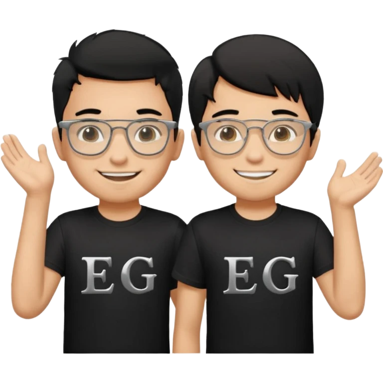2 boys both wearing black t-shirts with the letters EDG, one wearing silver rectangular glasses, black hair, smiling; the other with black hair smiled brightly emoji