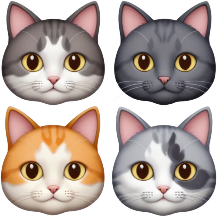 4 different coloured short haired cats including; a dark brown and white cat, and a dark grey and white  emoji