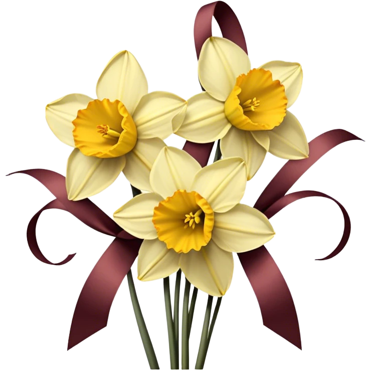 Soft yellow daffodils intertwine with faded burgundy ribbons, as brown butterflies rest on their petals. A warm, golden haze enhances the nostalgic charm. emoji