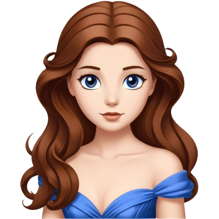Cinematic Elegant Belle Portrait Emoji, rendered in a realistic, vector-style with minimal shading and bold, simplified shapes. Depict Belle (chest and above) with fair, luminous skin, deep brown expressive eyes, and long, flowing chestnut hair styled elegantly, wearing her classic blue ball gown. The image glows with a soft, warm radiance and high shine, capturing timeless refined beauty. emoji
