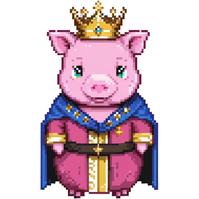 Pink pig character with gold crown and royal robe, Technoblade emoji