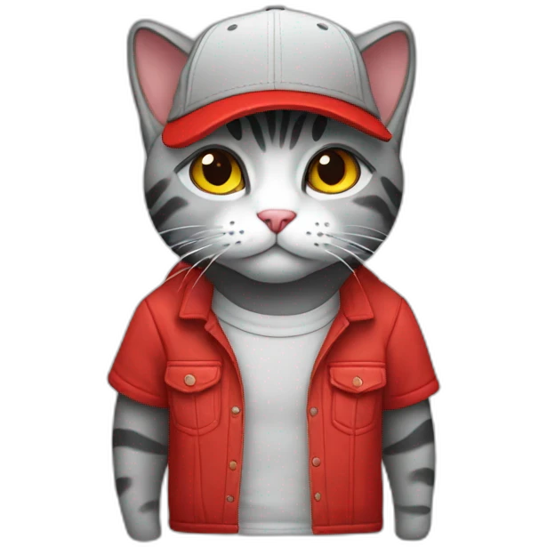 A cat standing up wearing a red and black squared shirt, and wearing a light grey Snapback cap emoji