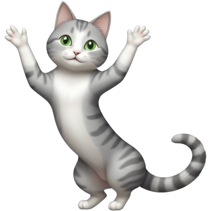 grey and white cat with green eyes doing a big extremely long stretch reaching up into the air with arms and legs side by side together straight and overextended whilst lying on its side emoji