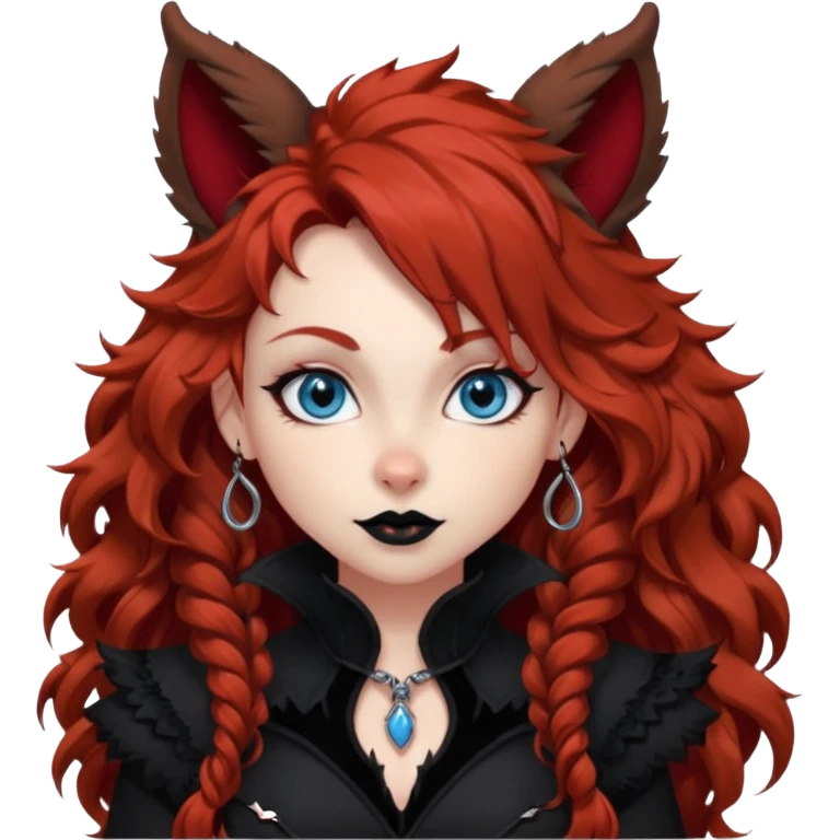  long curly red hair (darker), red pointed ears with black trim, black goth outfits, body and face human, blue eyes, more pointy chin, black lipstick, big fluffy red squirrel tail with black tips, like the attached photo with more outfits and poses,  emoji