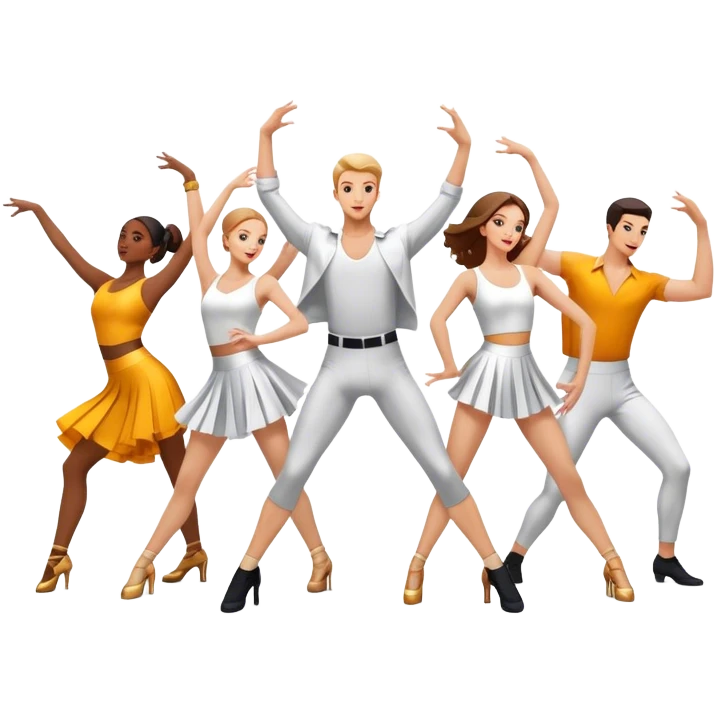 Icon for Contemporary Dance: a synchronized guys and girls group performance on stage with backup dancers in bright, modern outfits and dynamic lighting. The icon should capture the energy and coordination of a dance routine, with a focus on movement and stage presence. Transparent background. emoji