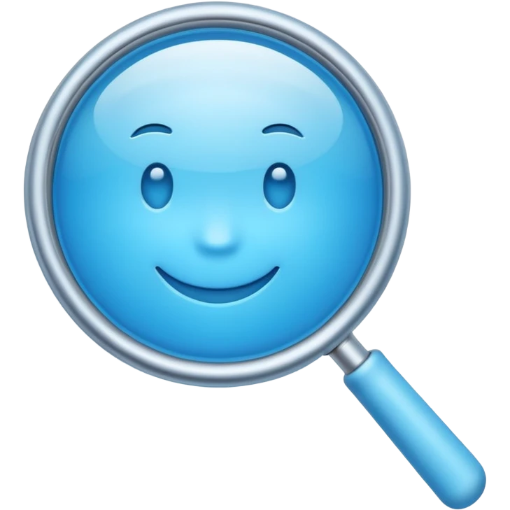 A 3D emoji-style magnifying glass, smooth rounded shapes, soft gradient blue ring, glossy plastic material, subtle highlights and reflections, simple minimal design, pastel blue color, slightly thick proportions, soft lighting, clean white background, modern emoji aesthetic, centered composition emoji