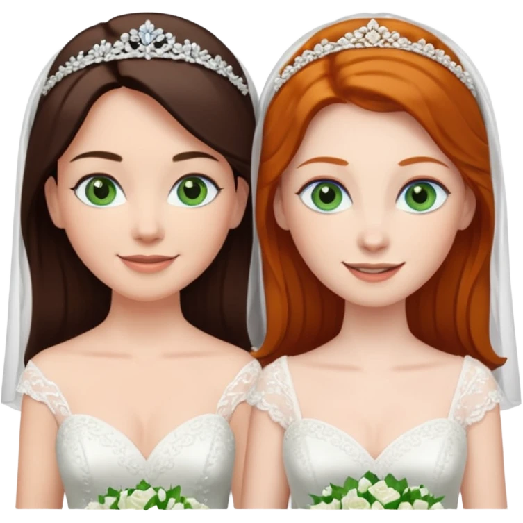A tall, pale woman with very dark brown hair and green eyes marrying a shorter ginger woman with blue eyes, both in wedding dresses. emoji