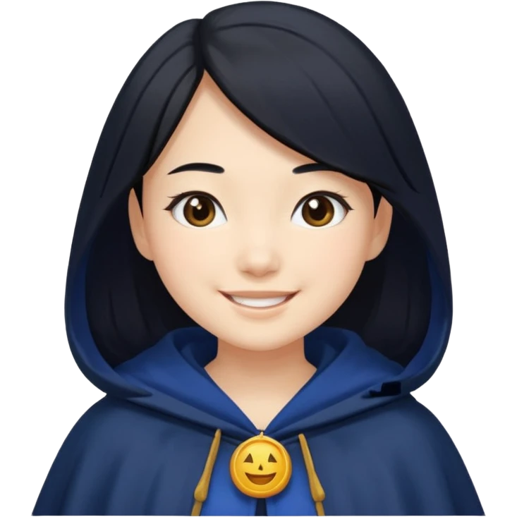 braid black hair, white asian girl, dark blue cloak, happy smile emoji