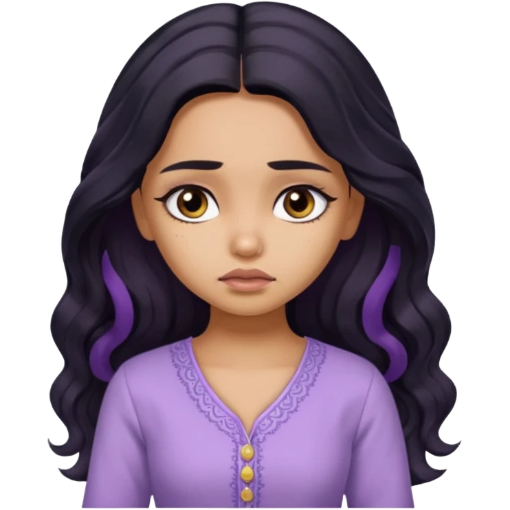 a pretty tan bratz girl with long wavy black hair, wearing a light purple kurti. looking sad emoji