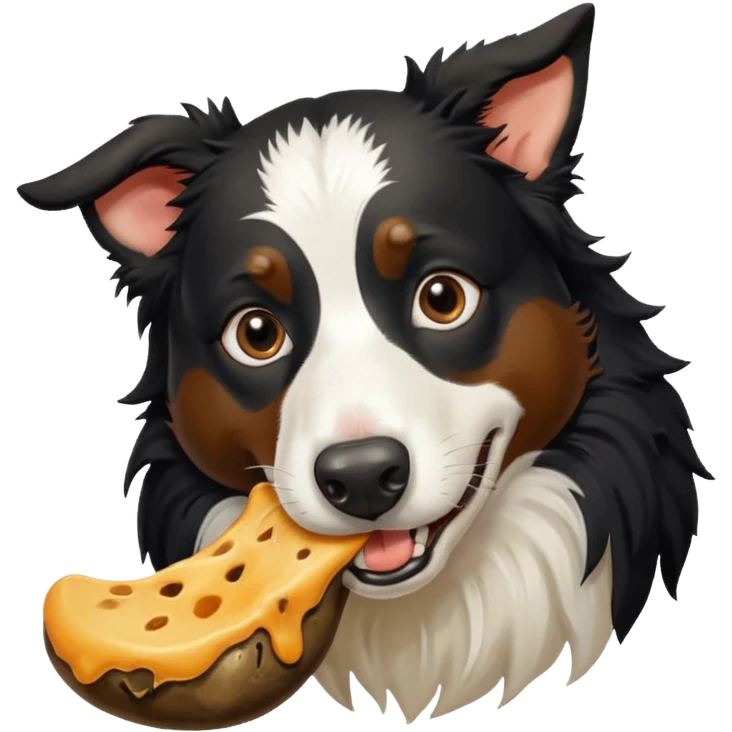 A black and white border collie is chewing on a rotten, smelly cow's hoof. emoji