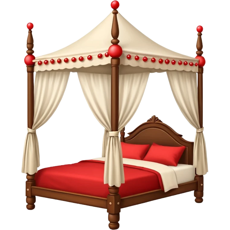 Wooden four poster bed with canopy handing small red balls on edge  emoji