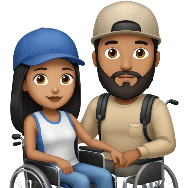 Tan skinned man with a beard and fitted cap in a wheelchair and a brown skinned woman with long black hair in a wheelchair emoji