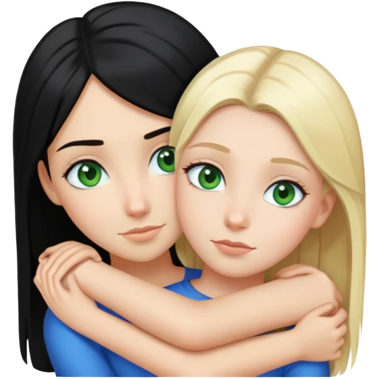 blonde girl green eyes fair skin hugging a black hair girl with blue eyes and fair skin both straight hair  emoji