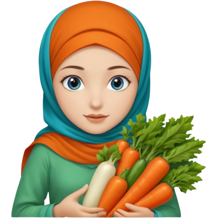 Turkish beautiful finish Konya girl blue eyes with garden design orange green hijabi dress and she had on her hand vegetables  emoji
