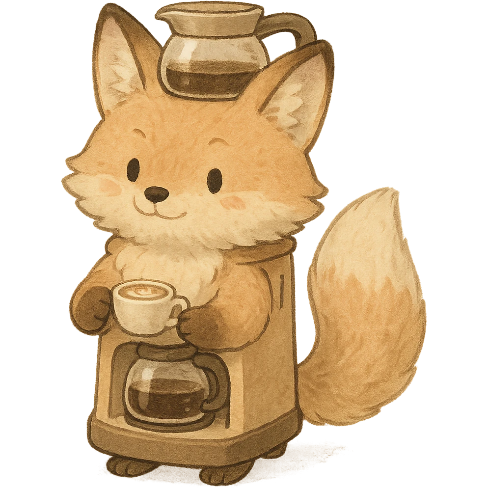 high-quality, visually appealing, normal-looking soft pastel fluffy fox designed as a coffee maker animal, holding a tiny latte cup, brown and beige tones, full-body, transparent background, 电器拟动物风格 emoji