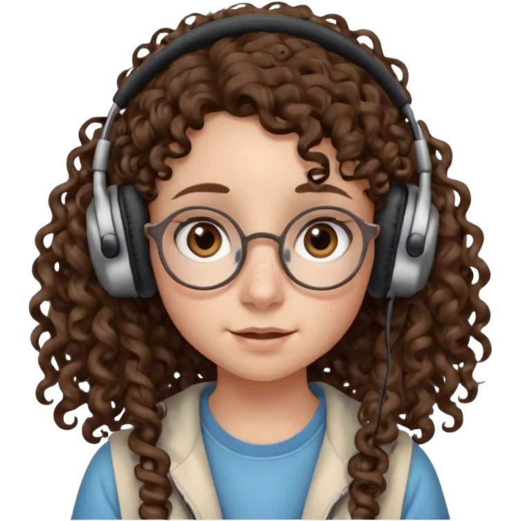 brunette kid with unique face features and very curly long hair kid girl neutral and very big nose and ears and dark eyes with freckles kind of nerd looking and headphone wearing emoji