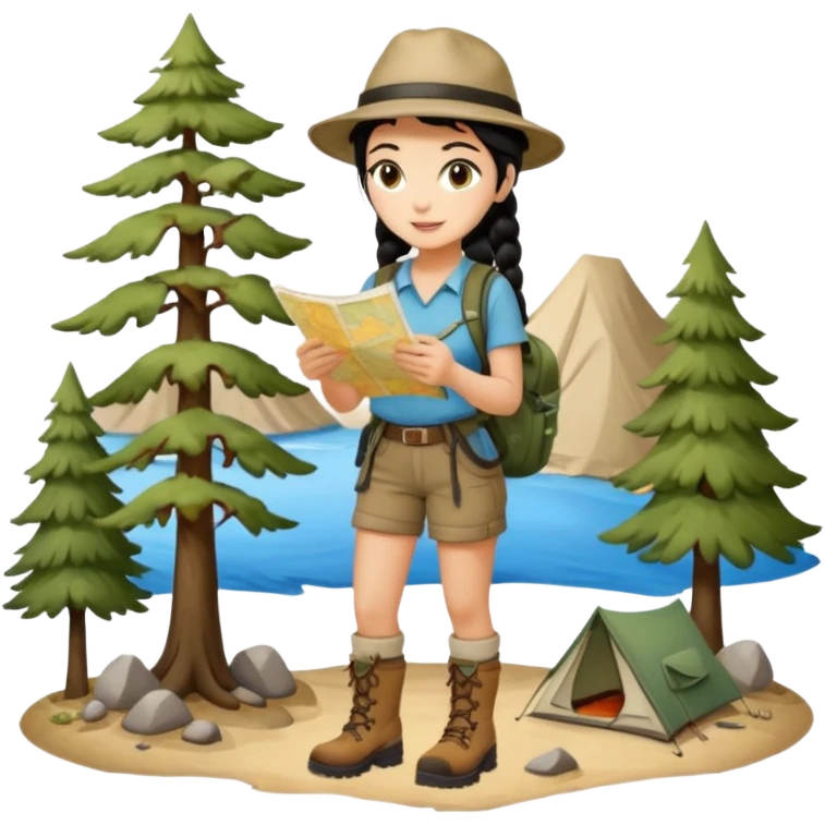 A braid black hair backpacking woman checking her map with curious eyes while walking wear camping hat and dirt covered boots full body emoji