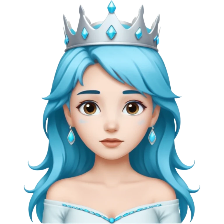 An ice queen with a little silver qrown, brown and turquoise hair and white skin. And off shoulder white dress and brown hair woth blue extensions emoji