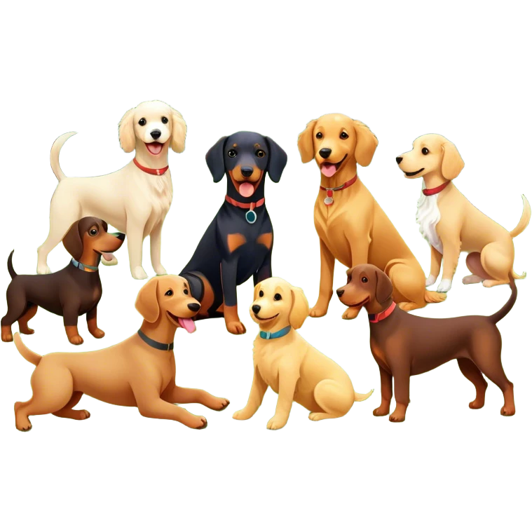 Collage of various dog breeds like Doberman, Poodle, Dachshund, and Golden Retriever, playing in a park with trees and grass. Some dogs run, others sit, all are full of energy and happiness. A joyful, colorful scene with playful expressions. Transparent background. emoji