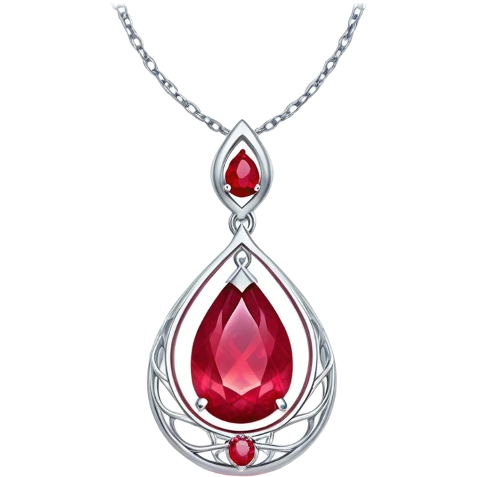 teardrop ruby pendant with silver chain, glowing cosmic embryo inside, swirling stardust and fiery trails, radiating ethereal magic emoji