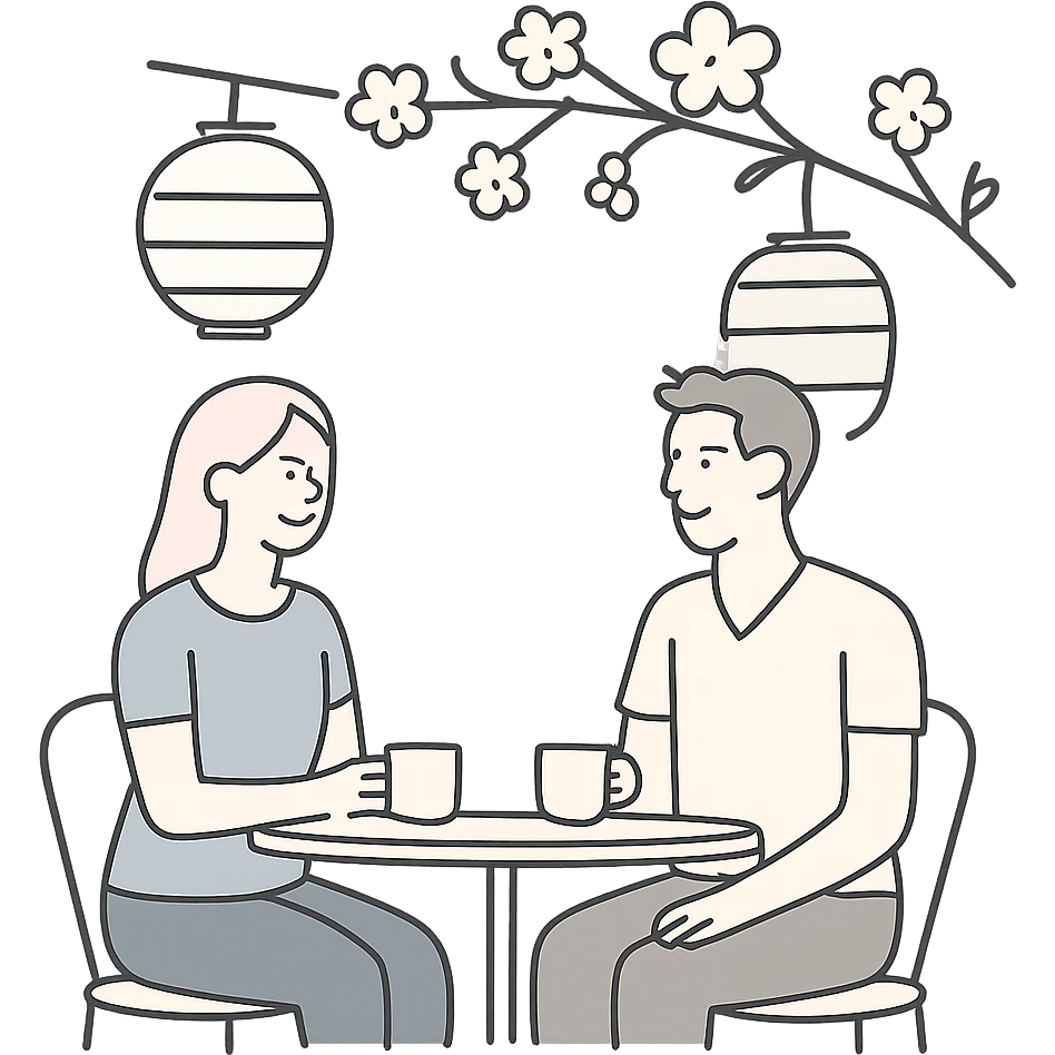 A couple seated at a small street cafe table with Japanese paper lanterns, cherry blossoms nearby, and simple teacups, clean minimal design with soft curves emoji