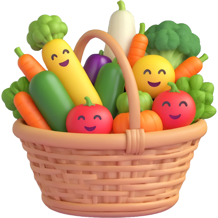 a basket of vegetables, soft and rounded 3D emoji style emoji