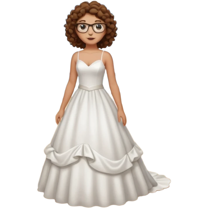 Chica blanca, pelo rizado, gafas, vestido novia playa cuerpo entero, pelo castaño emoji