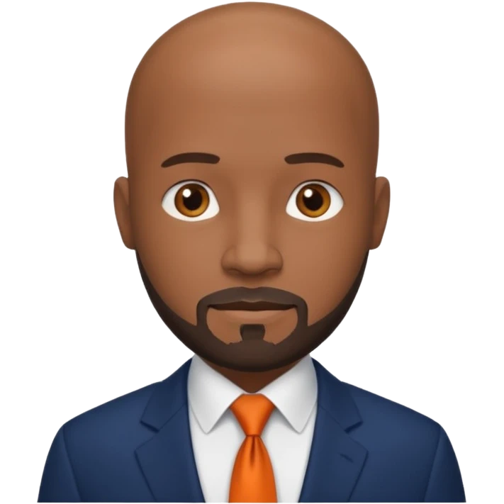 headshot of a sophisticated, stylish, bald head Caribbean black man with a beard and goatee in a navy blue suite, white shirt and dark orange tie emoji