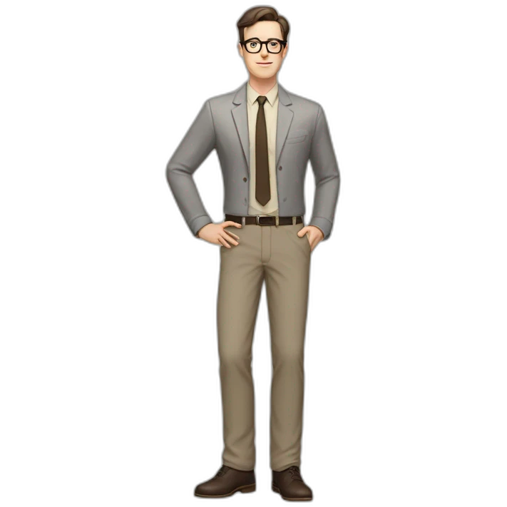 Full height Pale skinned Fit Man With dark brown hair in gray jacket, beige office shirt, tie, Brown pants and vintage glasses. Thrumbs of his palms directed up emoji