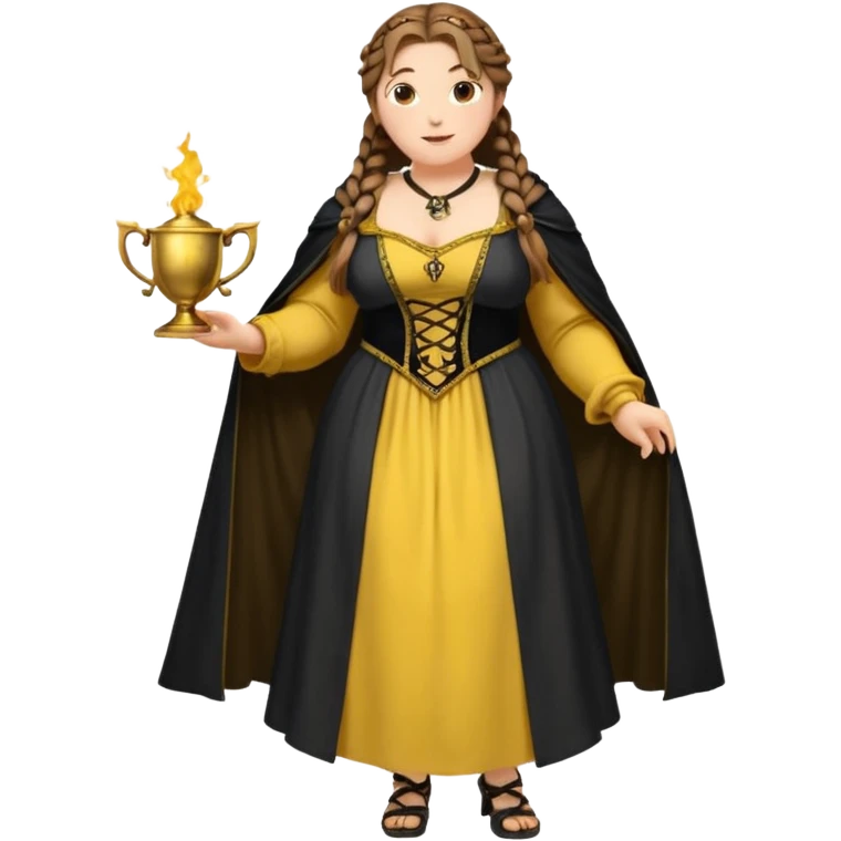 Helga Hufflepuff,brown-haired,2 braids,yellow-black medieval open dress,deep neckline,fat macromastia,black cloak decorated with gold braiding,gold cup with two handles,very kind smile,curvy busty sweet woman,round rosy cheeks,full length with medieval shoes emoji