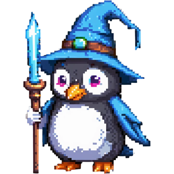 wizard penguin with a pointy hat and wand emoji