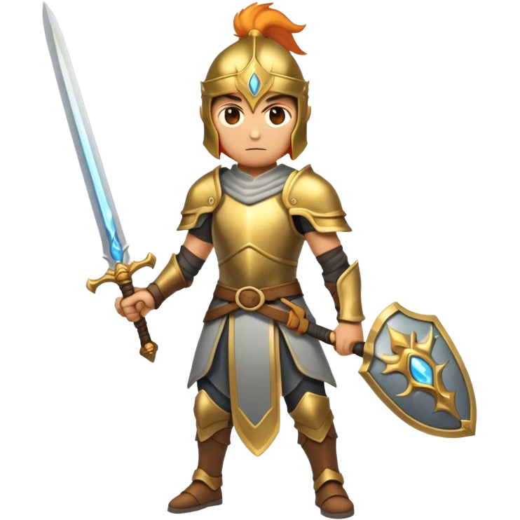 A full-body Warrior from an RPG game holding a two-handed long sword with brass armor with a bright aura  emoji