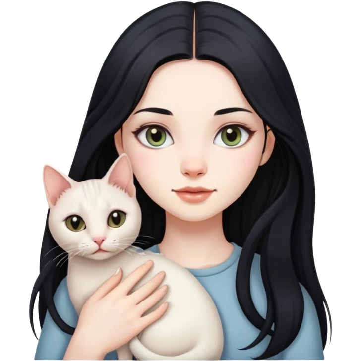 Beautiful girl with long black hair holding a hairless cat emoji