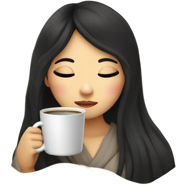 Asian girl inside a blanket sipping coffee eyes closed black hair emoji