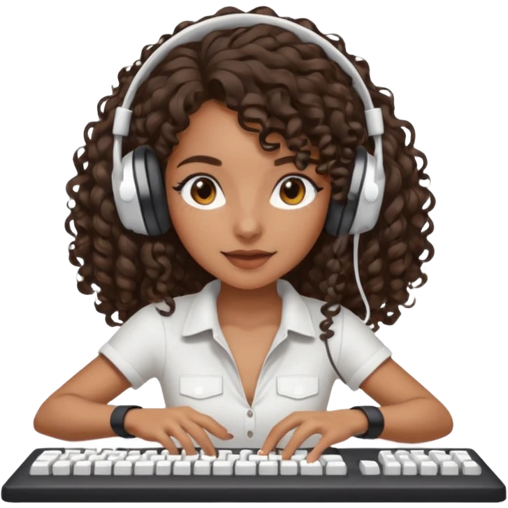 Brown skin Spanish girl with long dark curly hair, wearing a white gaming headset and playing on keyboard with a gaming mouse in one hand emoji