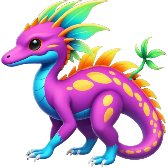 Exotic futuristic lush warm-colored neon tropical Fakémon-Fionbri-creature with cool-colored splash markings  emoji
