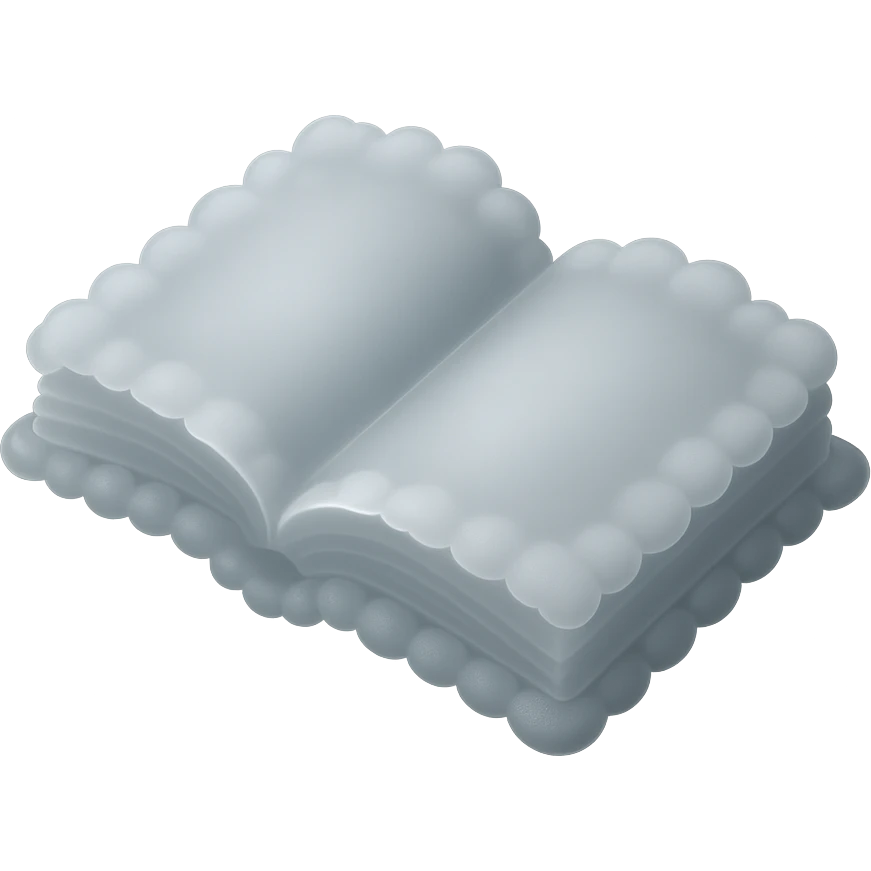 top view of a thick open book made entirely of small, very bright white fluffy convex clouds, matte glass style, no background emoji