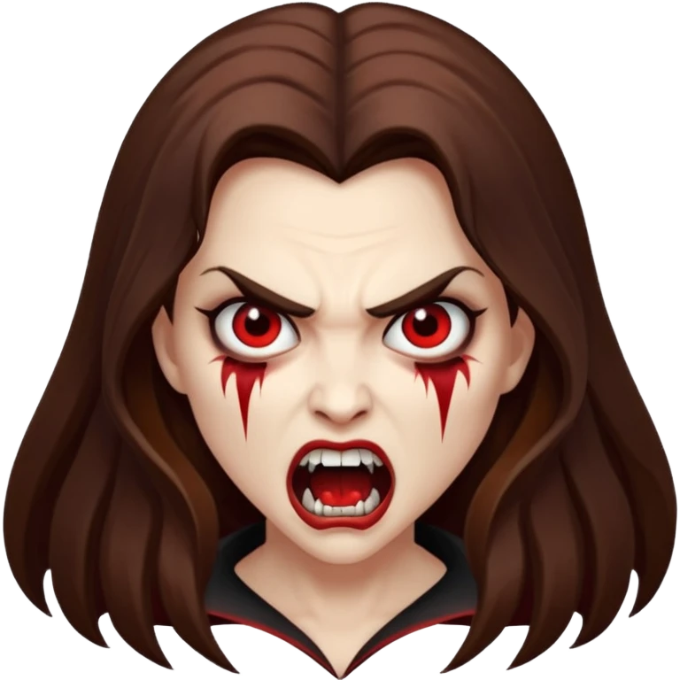 vampire woman, white skin, brown long hair, angry face, fangs out emoji