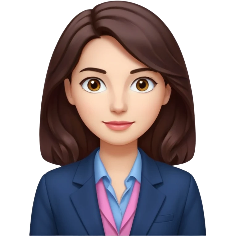 Roupas de CEO empresária Tom de pele: clara com fundo rosado
Cabelos: longos, castanho escuro, levemente ondulados
Sobrancelhas: bem definidas e cheias
Olhos: castanhos claros (podem ser destacados com brilho)
Traços marcantes: lábios cheios e sorriso suave  emoji