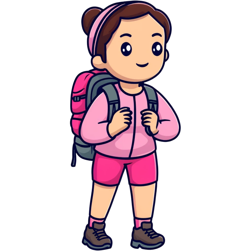 woman wearing pink clothes with hiking backpack emoji