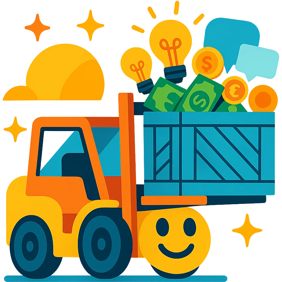 emoji with a smiling forklift lifting a crate filled with symbols of ideas (light bulbs), money (bills and coins), and speech bubbles, in a positive and dynamic atmosphere emoji