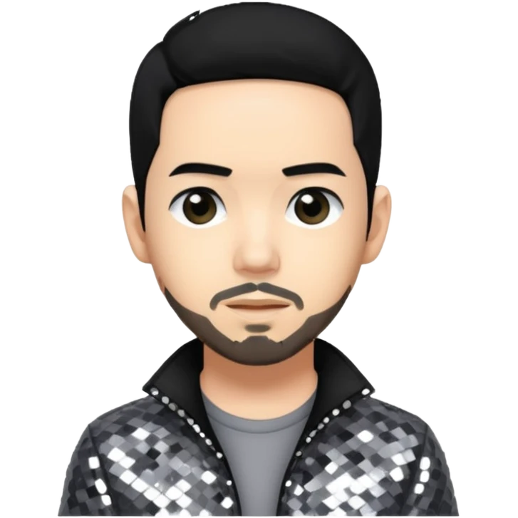 Mike Shinoda with jet black hair, gray sequin outfit emoji