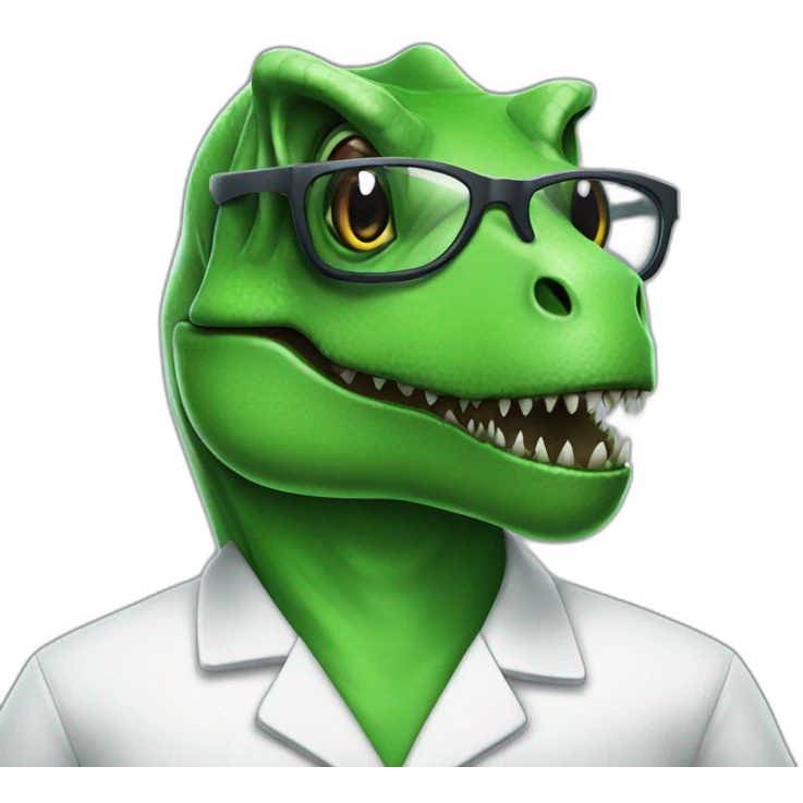 green t-rex head in lab uniform and black glasses emoji