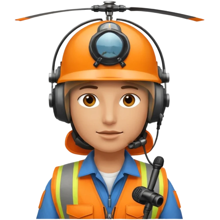 Helikopter-Flughelfer mit Oranger Weste und Helikopter Flug Helm auf dem Kopf inkl. am Helm integrierten Mikrofon vor dem Gesicht. emoji