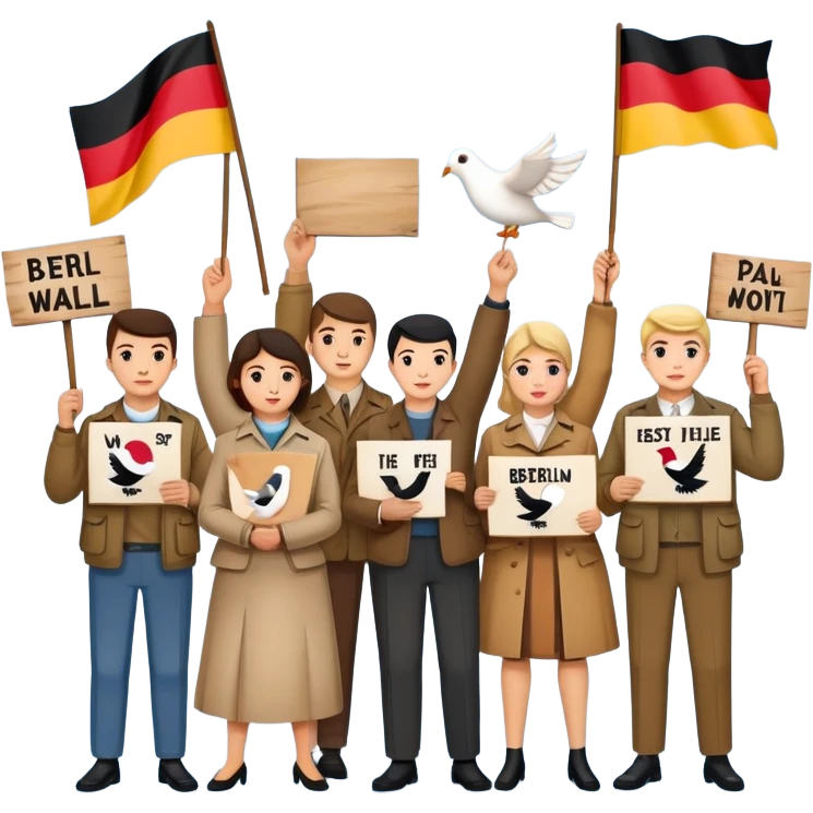 people holding protest signs with the Berlin Wall in the background, peace dove, East and West Germany flags, 1950s and 60s emoji