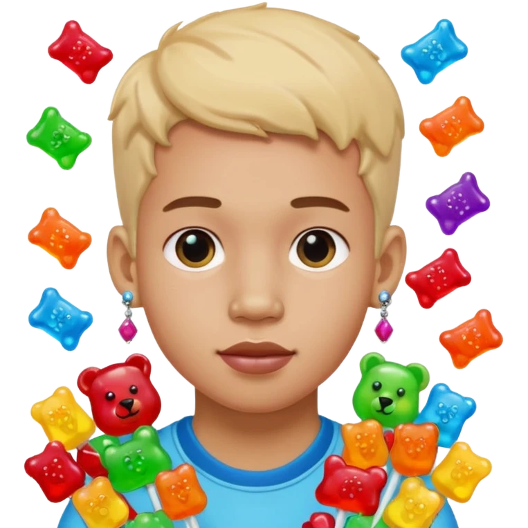 boy with a lot of accessories and earrings made out of candy emoji